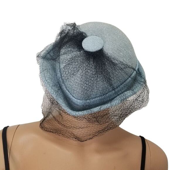 1940s Pointed Blue Hat with Long Black Veil Turned Up Brim Size 7 1/2 VINTAGE - Picture 4 of 6